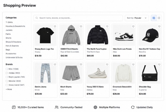 Oopbuy shopping preview showing product categories and item options